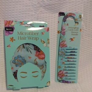 Floral Teal Microfiber Hair Wrap and Detangler Comb Set